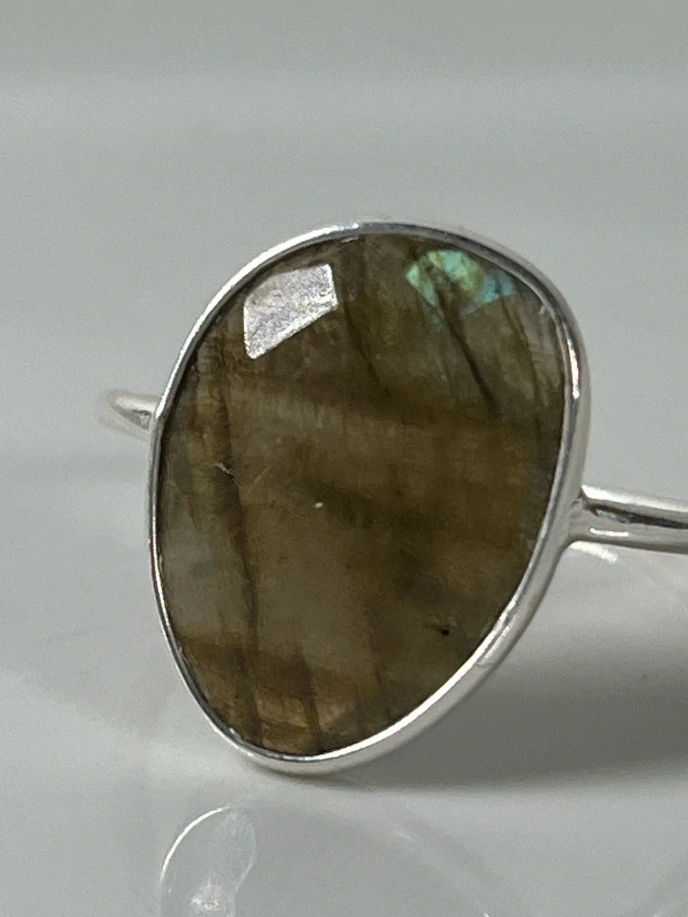 Solid Sterling Silver 925 Labradorite Gemstone Flat Stacker Ring Size 8.75